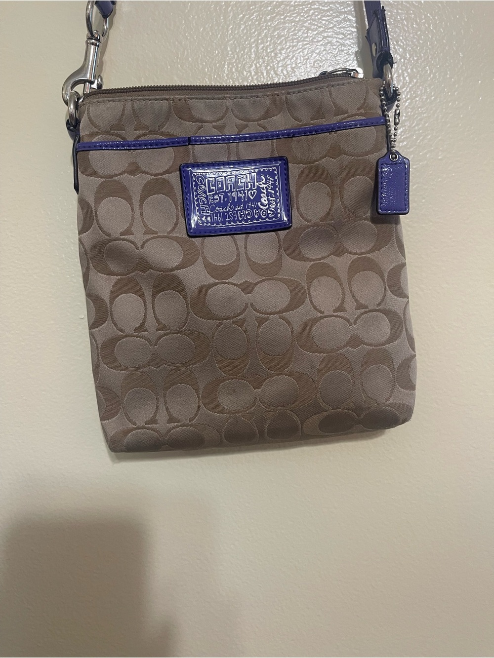 Signature Crossbody in Brown with Purple Patent Trim